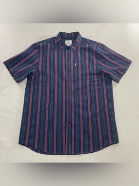 Katin Shirt Mens XL Blue Red Striped Linen Blend Button Up Short Sleeve Men
